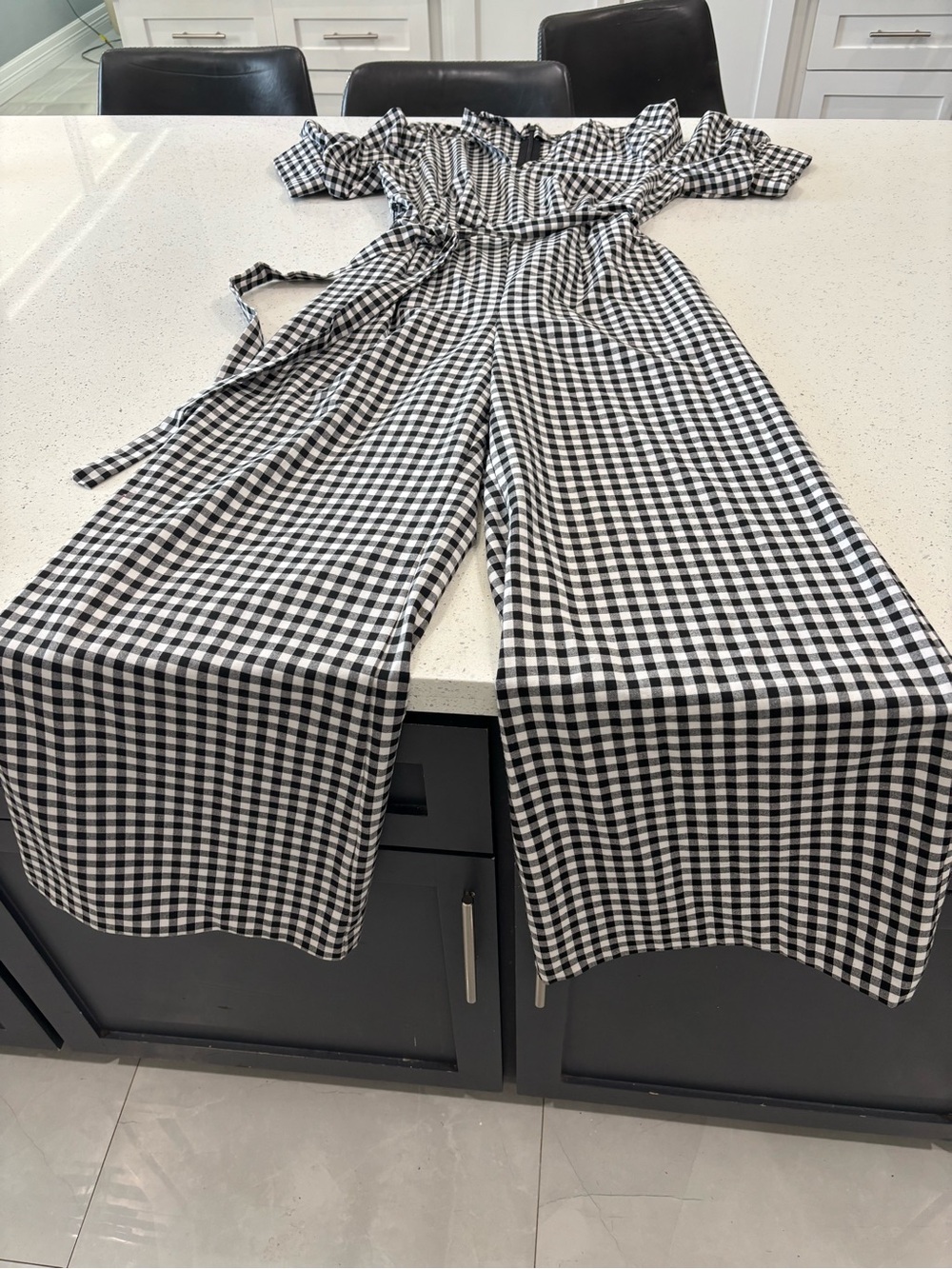 New York & Company Black and White Gingham Wide-Leg Jumpsuit Worn once